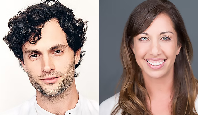 Two studio headshots: On the left, Penn Badgley in a white shirt on a white background. On the right, Nura Mowzoon on a gray background.