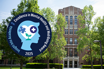 A building with trees and a blue logo surrounded by the text Insight into Academia, Excellence in Mental Health and Well-being Award.