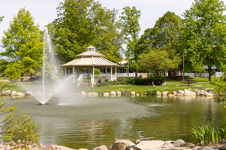 A water fountain in a pond