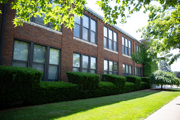 The shady side of a brick building with many windows and bushes.