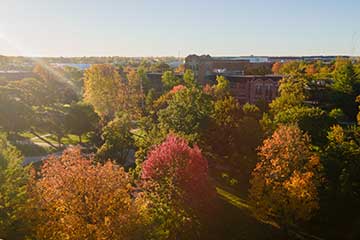 Early rays of sun shine on fall trees outside CMU's Warriner Hall