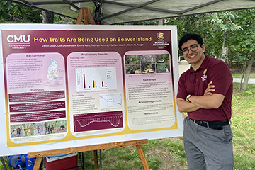 A smiling young man in glasses stands with his arms folded over his maroon polo shirt while standing next to a poster entitled CMU How Trails Are Being Used on Beaver Island