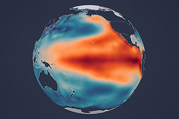 An image of Earth showing the Pacific Ocean with a large swath of red stretching across it