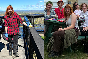 An image of a young woman with copper colored hair in a red and black flannel and black denim pants appears next to a photo of the same woman in a gray top sitting at a picnic table with four other people