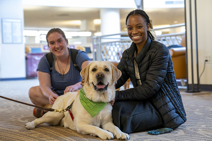 Two female college students sit on the floor in the CMU Park Library while petting a dog
