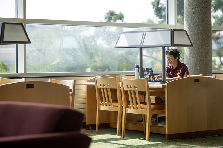 A wide angle shot of a student using their laptop while sitting at a table in front of bright windows.