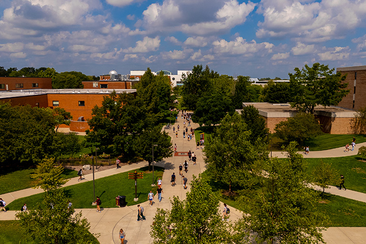 An aerial view of CMU's campus on the first day of class