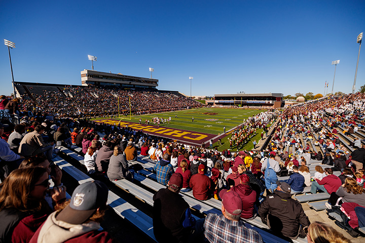 A photo of more than 25,000 fans from the corner endzone stands during the CMU-WMU football game