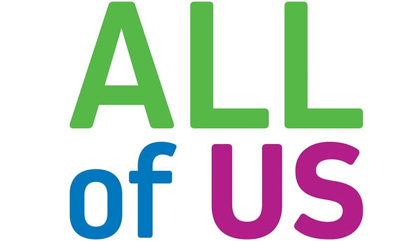 The words All of Us in colorful block text of green, blue and purple.