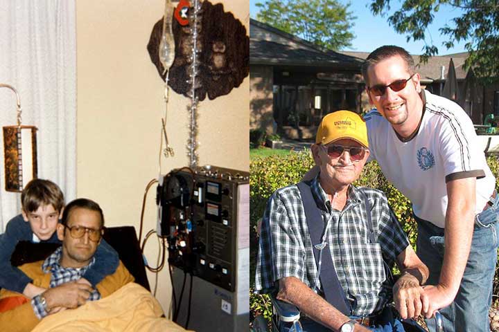 A split picture featuring a son and father in the 1980s and in 2007