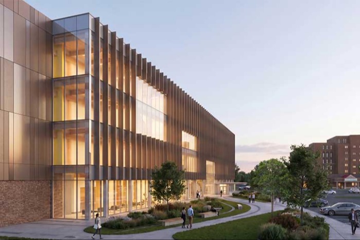 An architectural rendering of a multistory wood, glass and metal medical education building.