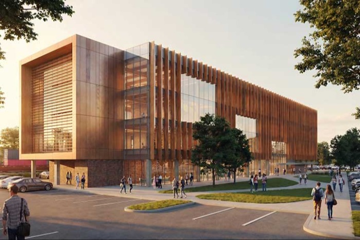 An architectural rendering of a multistory wood, glass and metal medical education building.