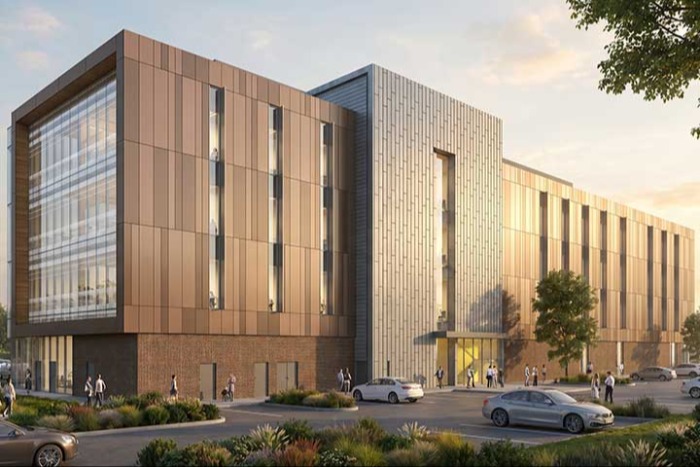 An architectural rendering of a multistory wood, glass and metal medical education building.