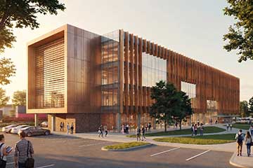 An architectural rendering of a multistory wood, glass and metal medical education building.