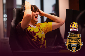 A cheering man wearing gaming headphones with a CMU Action C logo on the right side over ESPORTS and over a seal with Spring 2026 Championships University of Akron written on it.