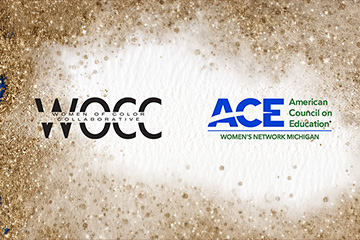 WOCC and ACE logos over a gold and white glittery background