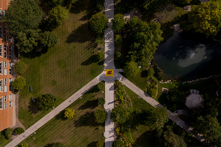 A maroon C sits on a background of gold at a four-way intersection of paved sidewalks shaped like a peace symbol