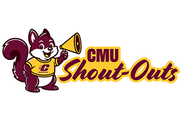 A cartoon squirrel in a CMU t-shirt holding a megaphone next to the words "CMU Shout-Outs"