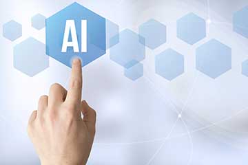 A hand with the pointer finger extended hovers over a blue hexagon with the letters AI inside