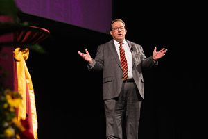 CMU President Bob Davies delivering the 2023 State of the University Address.