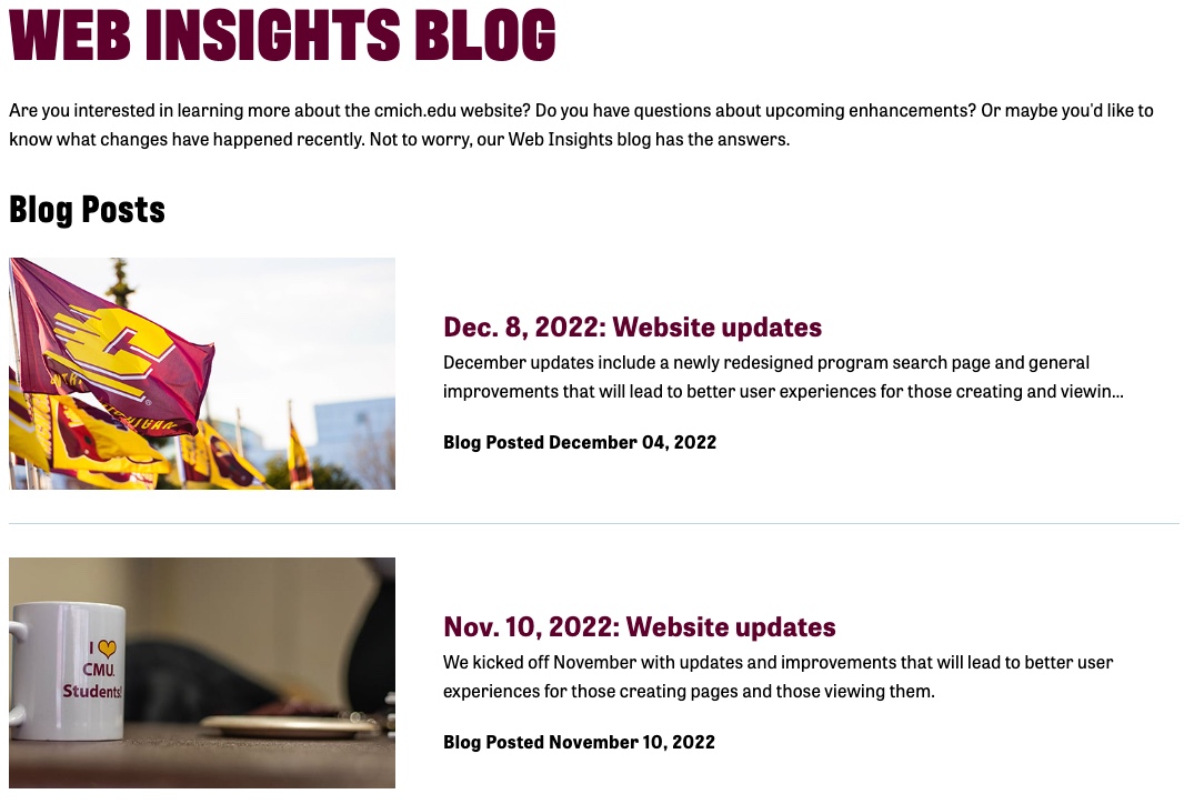 A screenshot titled Web Insights Blog; with an intro and two blog posts. Website updates from December 8 and November 10, 2022