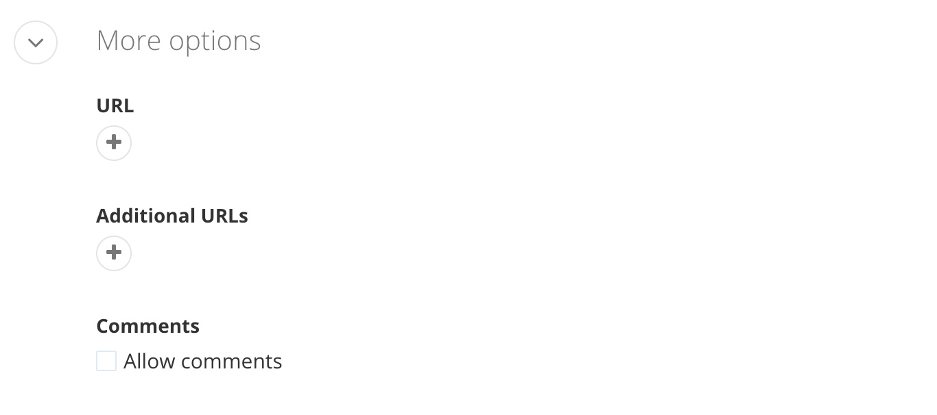 A screenshot of the 'more options section', includes the URL, Additional URLs and comments box.