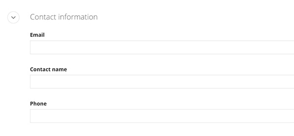 Required fields for Contact Information: email, contact name, phone.