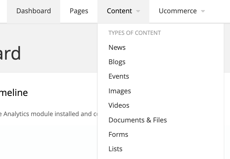 Screenshot of the backend of the Sitefinity showing the content tab and modules underneath it.