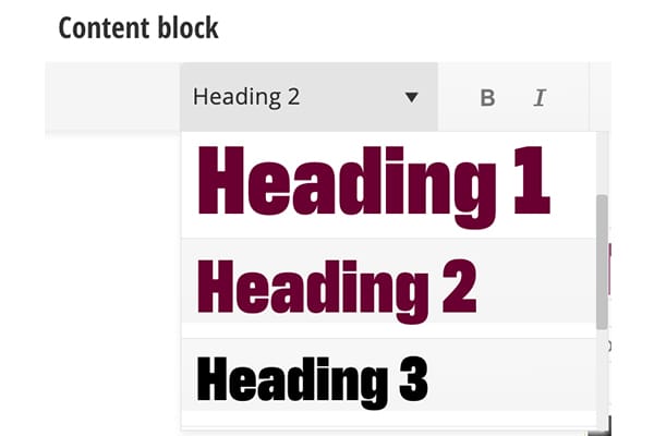 heading-formats-600x400 Screenshot of the Format dropdown in the Content Block widget opened showing Heading 1, Heading 2, Heading 3 in a list.