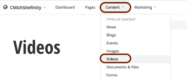 Video library location under the Content tab in Sitefinity