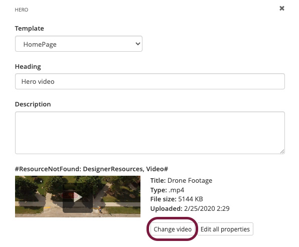 Backend interface of the hero video widget
