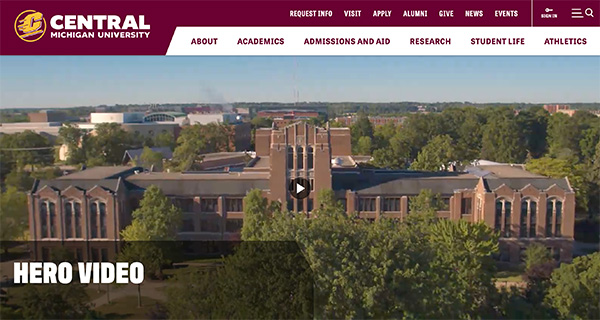 Screen capture of a homepage hero video playing on the Central Michigan University website