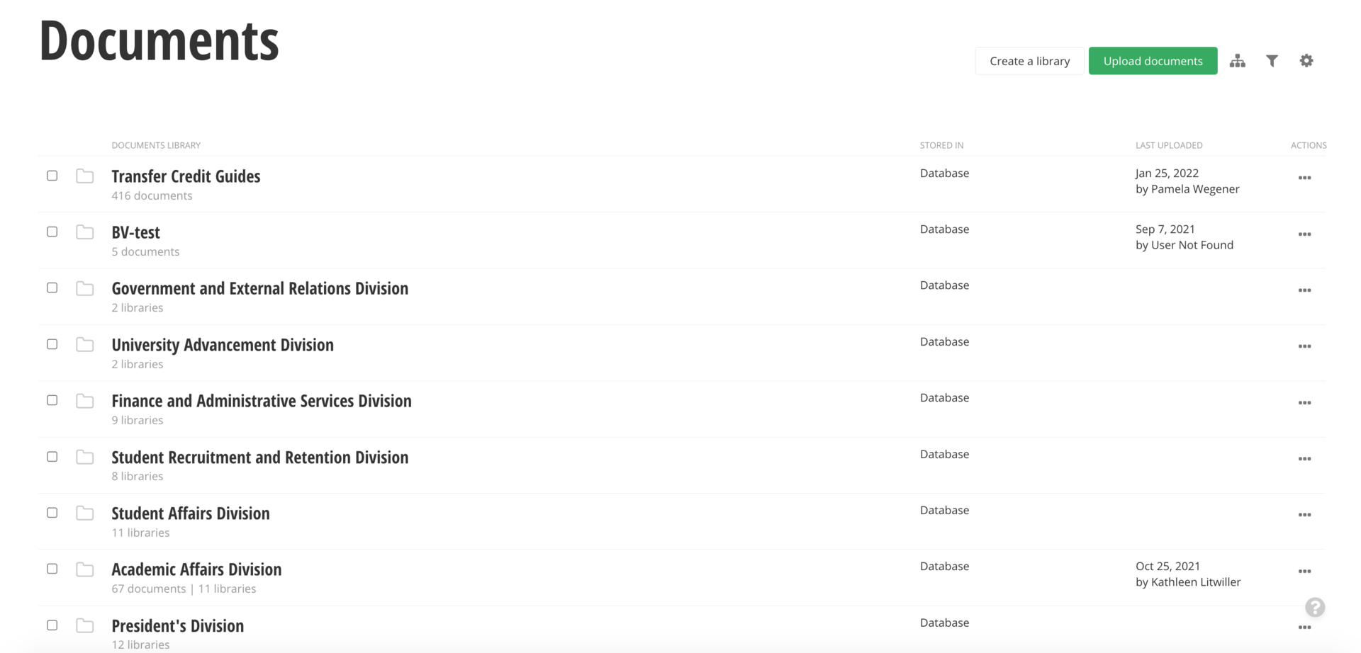 Screenshot of the Documents page showing different division folders.
