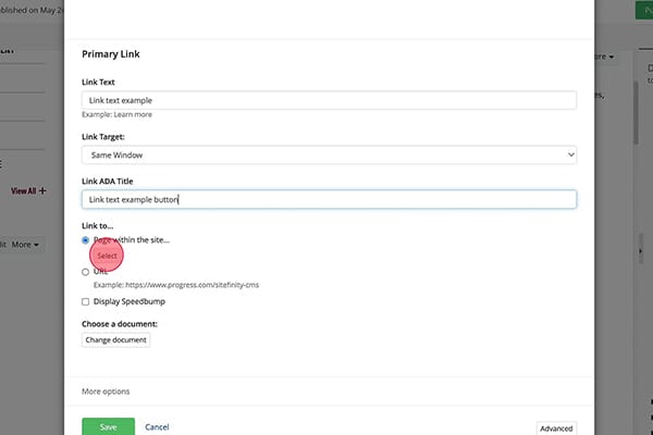 A screenshot showing a red circle around the select button for linking to a page in the sidebar callout widget.