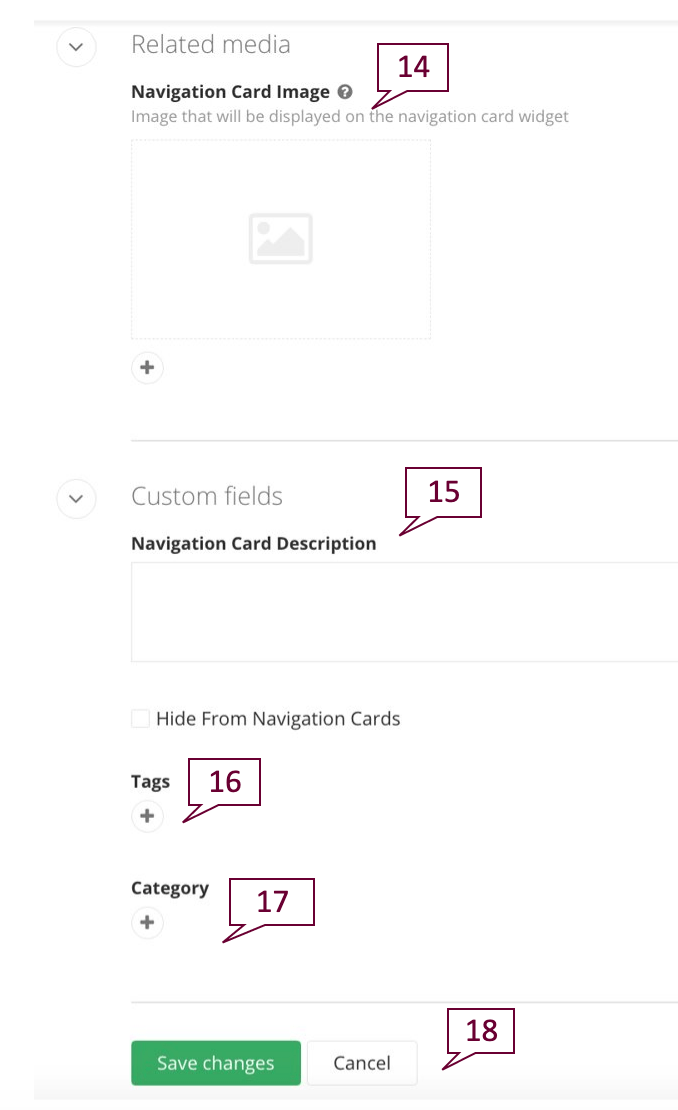 Titles and properties navigation card, tag and category fields.
