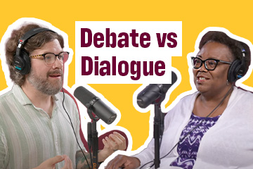 On a gold-colored background, Adam Sparkes (left) and Nikita Murray (right) talk into microphones. Between them, a white text box with words written in maroon say Debate vs Dialogue.