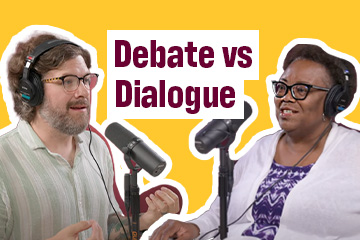 11326_GEN_UCOMM_The Search Bar_Controversial issues_Thumbnail_360x240 On a gold-colored background, Adam Sparkes (left) and Nikita Murray (right) talk into microphones. Between them, a white text box with words written in maroon say Debate vs Dialogue.