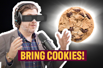 Adam Sparkes wears sunglasses while talking in a microphone. Behind him, a chocolate chip cookie covers a solar eclipse. The words Bring Cookies overlap the image.