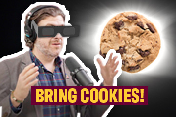 11463_The Search Bar_Total Solar Eclipse Thumbnail_360x240 Adam Sparkes wears sunglasses while talking in a microphone. Behind him, a chocolate chip cookie covers a solar eclipse. The words Bring Cookies overlap the image.