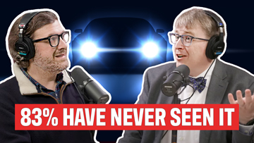 Adam Sparkes and Aaron LaCluyze sit in front of microphones talking. Behind them, an image of a car at night with bright headlights. In the foreground in a red box are the words 83 percent have never seen it.