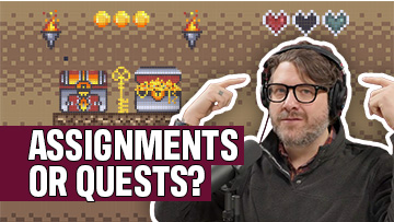 Adam Sparkes points to his head. Behind him, a treasure chest, torches and hearts in the style of 8-bit video games. The words Assignments or Quests stands boldly overtop the image.