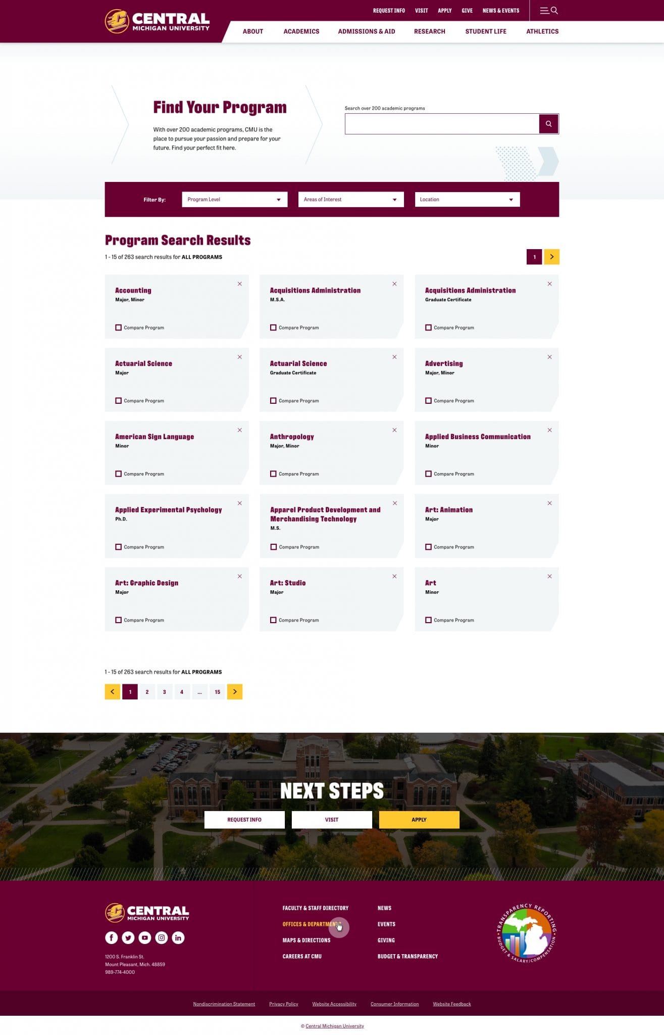 A screenshot of the new program finder feature on the Central Michigan University website.