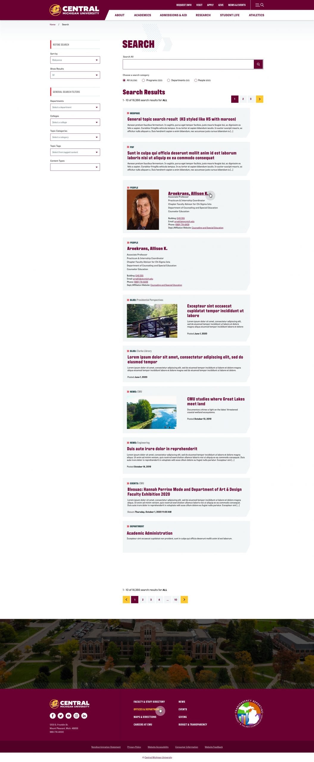 A full-page screenshot of the new Central Michigan University website site search results.