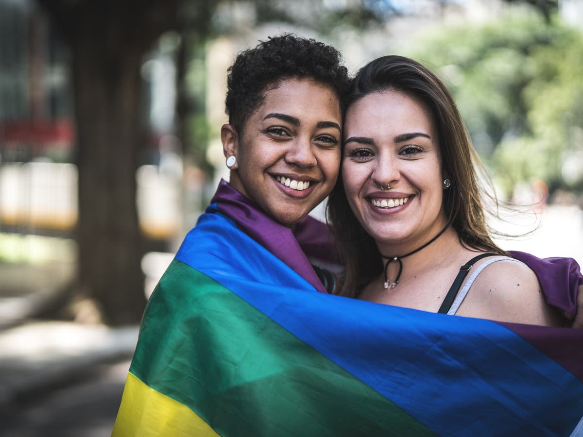 Women draped in a rainbow flag