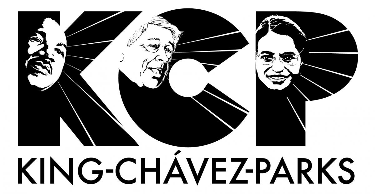 Black and white King-Chávez-Parks logo shows the faces of Dr. Martin Luther King, Jr., César Chávez and Rosa Parks within big bold KCP letters