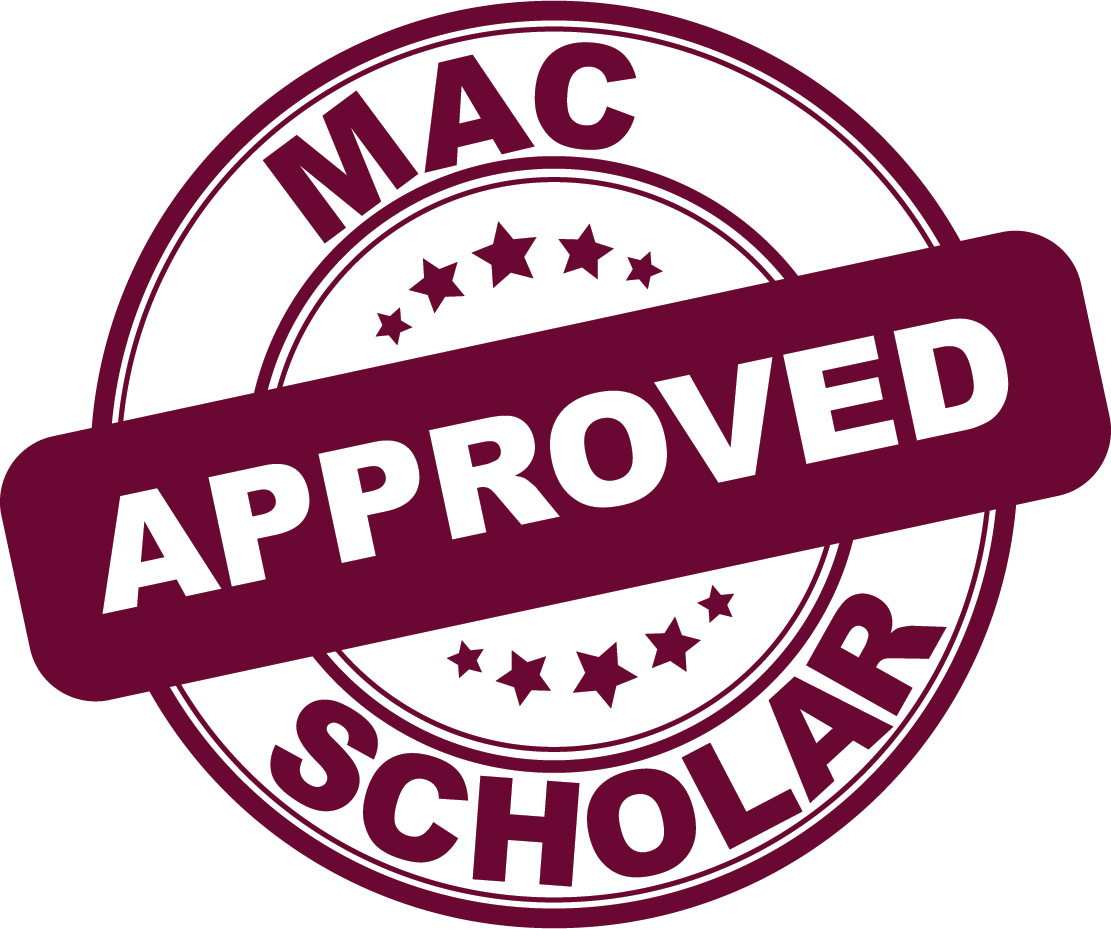 Circular maroon logo with the words MAC APPROVED SCHOLAR inside of it