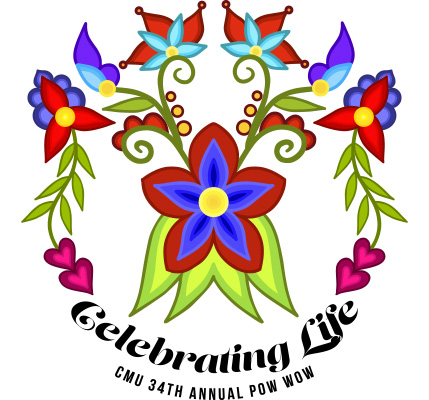 A circular, floral design with a large red and purple flower in the middle sits atop stylized text reading: Celebrating Life - CMU 34th Annual Pow wow