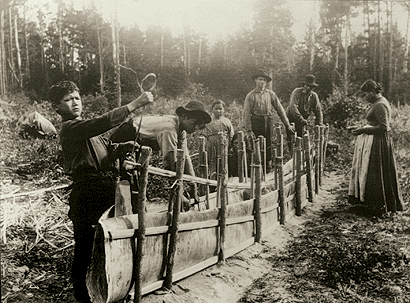 Historical image, building a canoe from branches and bark