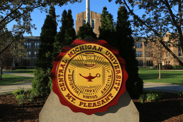 The Central Michigan University seal in Warriner Mall during the springtime.