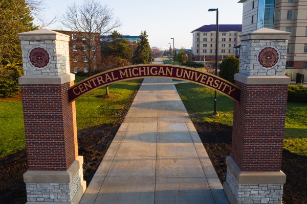 The Central Michigan University archway during the early morning.